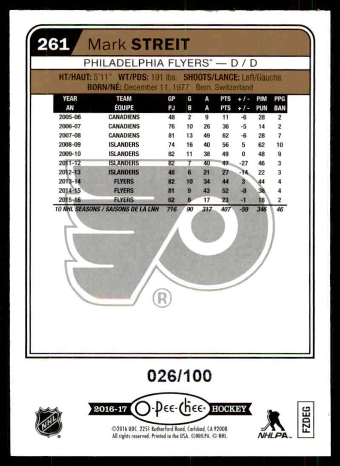 2016-17 O-PEE-CHEE RAINBOW BLACK MARK STREIT 026/100 PHILADELPHIA FLYERS #261 - Image 2 of 2
