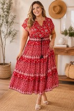 LRL RALPH LAUREN Dress 16 Red Boho Floral Tiered Tassel Drawstring Waist Midi￼