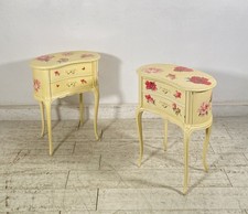 ANTICA COPPIA COMODINI FAGIOLO 1900 LEGNO LACCATO BIANCO FIORI DIPINTO