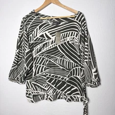 Chicos Travelers Top NEW Sz XL Green Leaf Print Tie Hem Stretch Career Travel