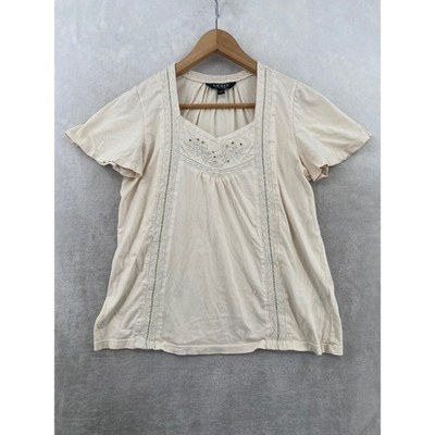 Lauren Ralph Lauren Knit Top Womens Medium Cream Floral Embroidered Lace Square