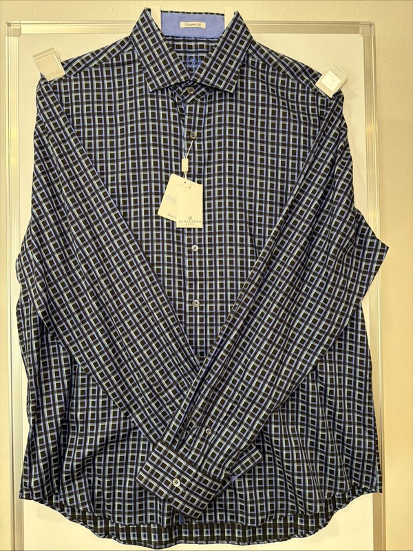 Bugatchi Uomo Shaped Fit Black Blue Green Checkered Long Sleeved Shirt XL