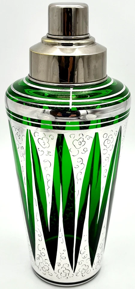 Mid-century Italian Green Glass Cocktail Shaker with Fine Silver Overlay C. 1950 - Image 2 of 4