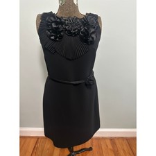 Chetta B black crepe flower belted little black dress size 8