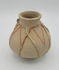 Vintage Hand Made Clay Pottery Bowl Vase Unglazed Rustic Design Rawhide Bound
