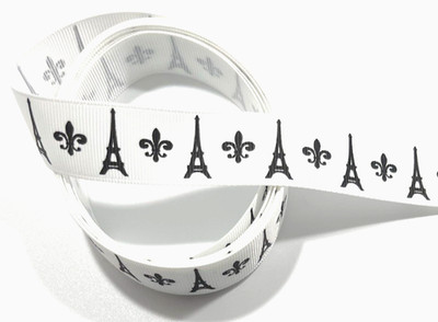 3 yards 7/8'' Eiffel Tower w Fleur-De-Lis on White Grosgrain Ribbon 100 polyester