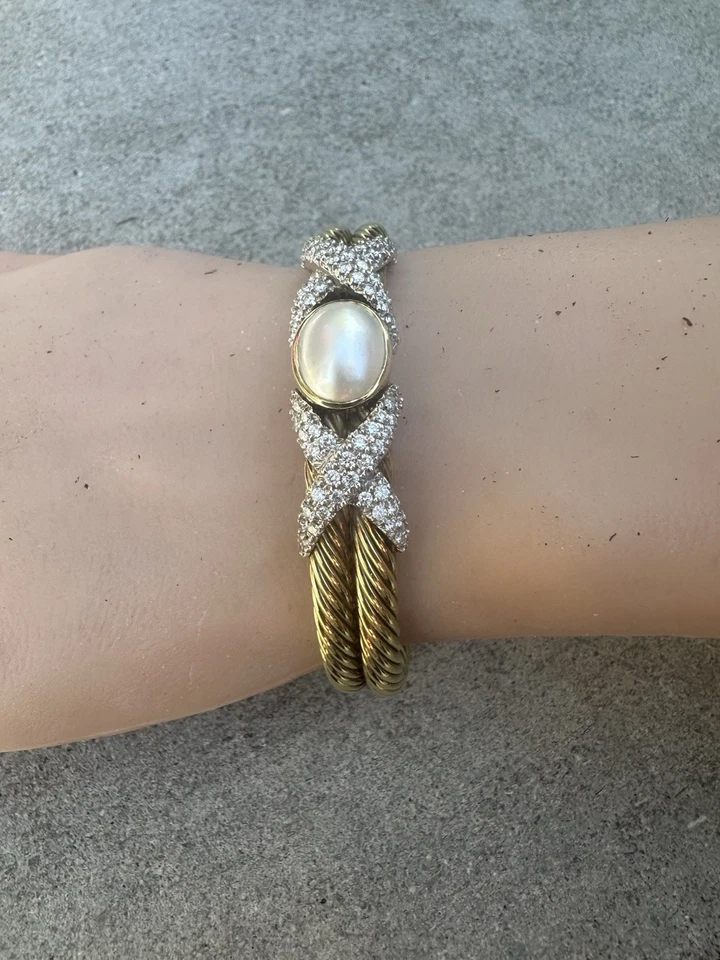 Brazalete 15K Estate 14K David Yurman Helena Doble Diamante, Perla 32,2 gr Foto 3 de 4