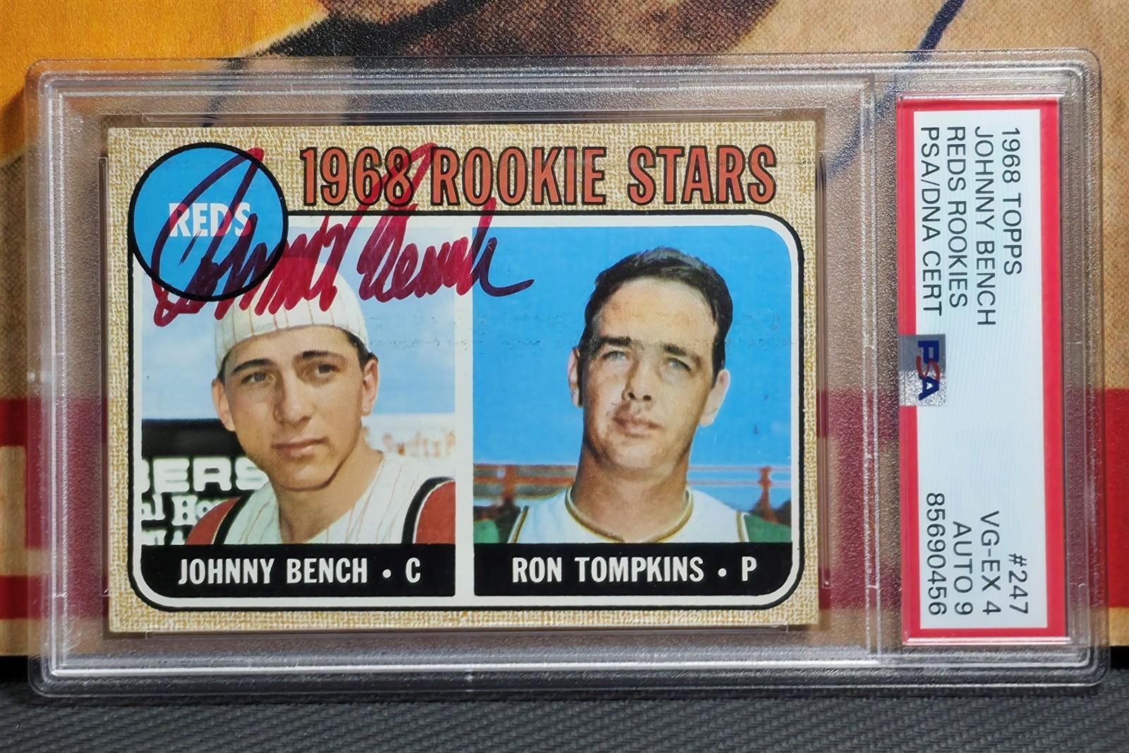 JOHNNY BENCH SIGNED 1968 Topps #247 RC Rookie PSA/DNA 4 Card, 9 Auto REDS HOF