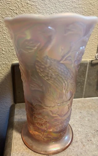 Fenton Art Glass Pink Opalescent Carnival Peacock Bird Vase 7.75"