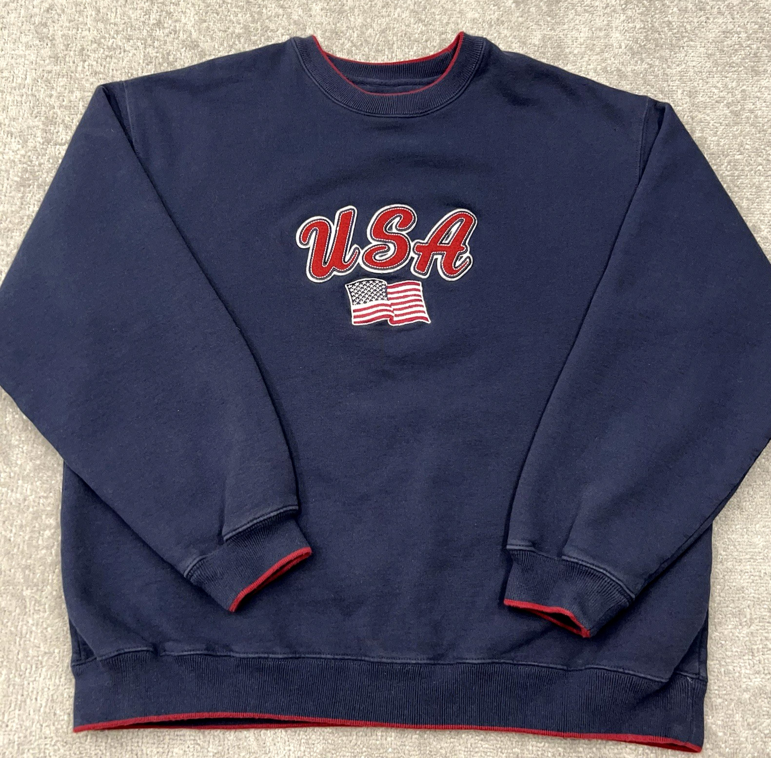 Vtg C&B SPORT Adult Sweatshirt USA American Flag Embroidered Crewneck Large Navy