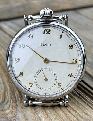 Elgin Vintage 10s Pocket Marriage Watch Conversion 40mm SS Wrist Watch Year 1950