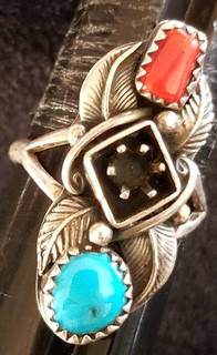 Vintage Navajo EDE Signed Sterling Silver Turquoise & Coral Sz 8.5 Ring 5.3g