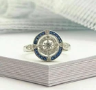 1.45CT Lab Created Diamond 14K Gold FN Art Deco Blue Sapphire Vintage Halo Ring