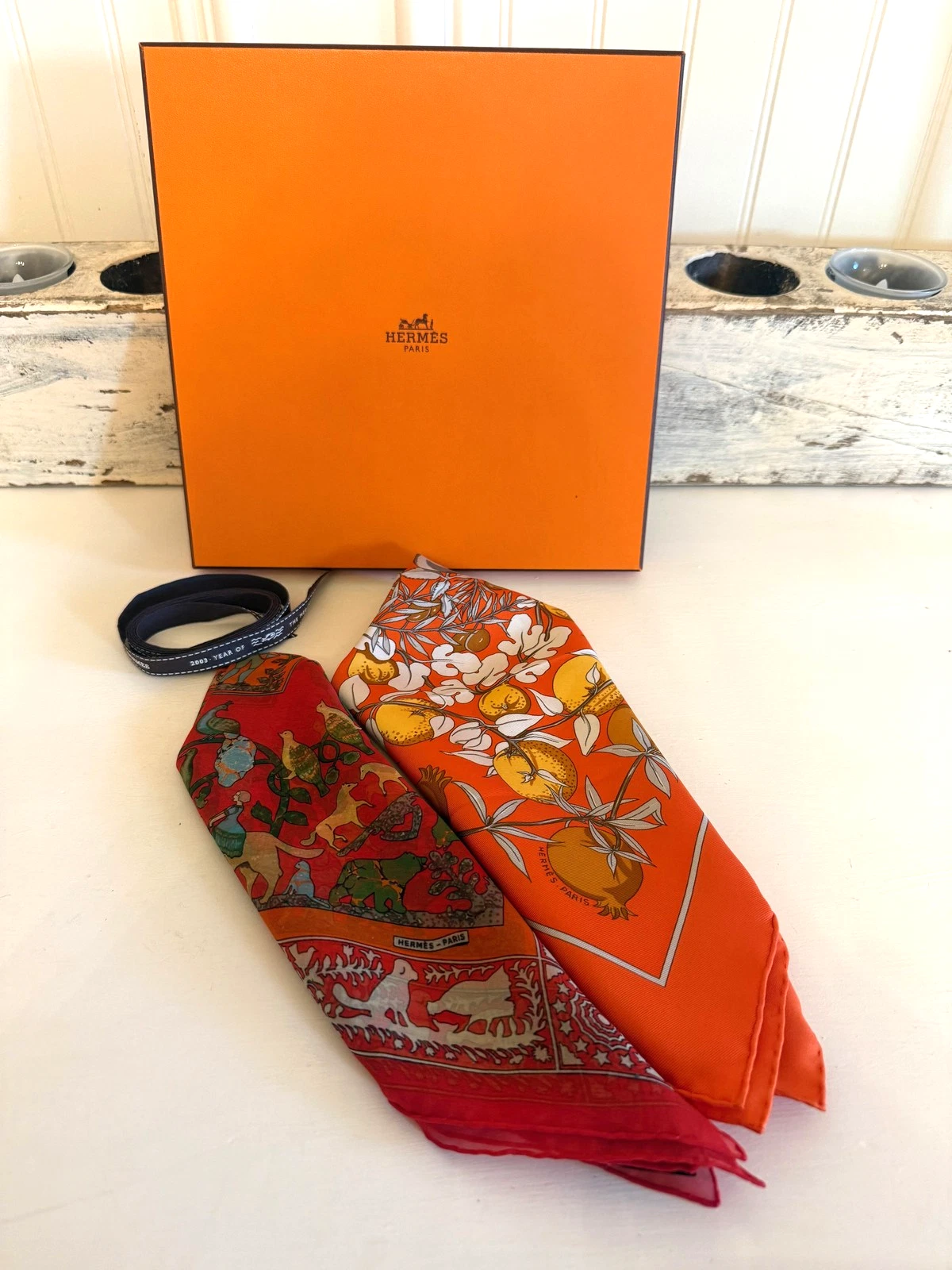 Hermes Scarves Womens Red Orange Silk Early America Jardins Set of 2 Box Ribbon