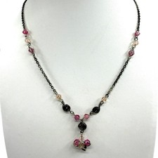 Pink Crystal Beaded Necklace Dark Metal Swirl Charm Boho Layering Accessory Gift