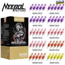 50Pcs NEEBOL Tattoo Cartridge Needles Mixed Size RL RS RM M1 Bugpin Standard PMU