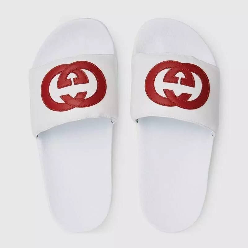 Gucci Pursuit Slides White Red Nappa Leather GG Logo Flat Flip