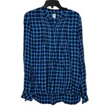 Gap Blue Plaid Pintuck Flowy Preppy Blouse Lo...