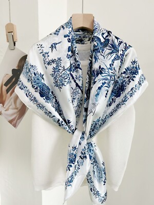 Mulberry Silk Wrap Shawl Bandanna Shawl Birds Print Square Scarf 43'' Blue