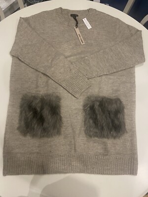 NWT Coco + Carmen Ribbed Hem Faux Fur Pocket Knit Sweater Tunic Top Dress S/M