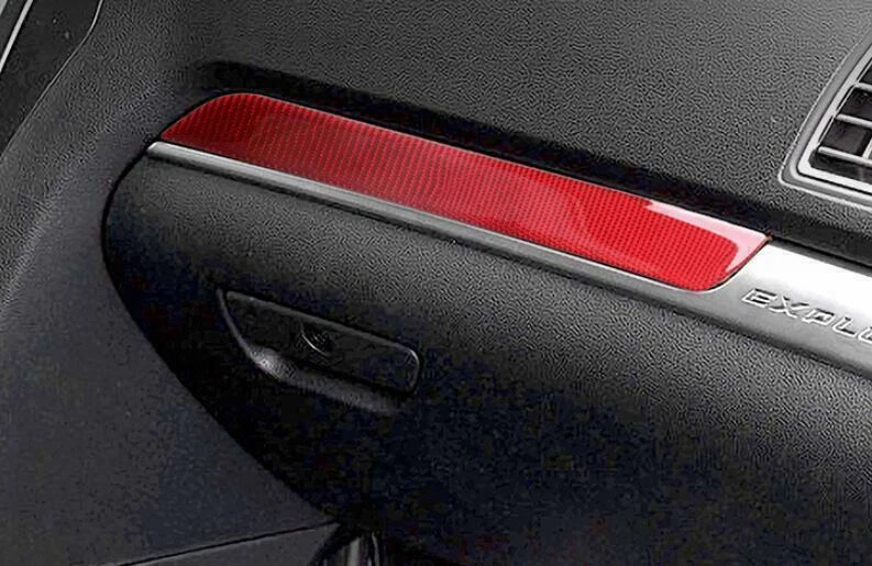 Cubierta de tira de tablero de instrumentos copiloto de fibra de carbono real roja roja para Ford Explorer 2011-19 Foto 3 de 4