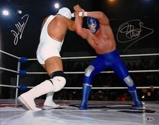 Foto firmada 16x20 Blue Demon Jr. & Dr. Wagner certificado de autenticidad bajo Lucha Libre AAA CMLL automática