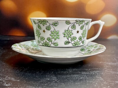 Vintage Hadson China Occupied Japan Cup and Saucer with Green Flowers w/Gold