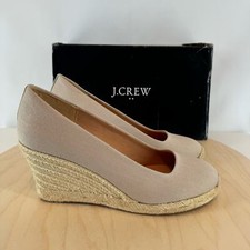 J. Crew Women's 128 Flax Tan Beige Canvas Espadrille Wedges Platform 7.5 New