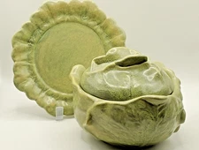 HOLLAND MOLD CottageCore Cabbage Lettuce Ceramic Bowl & Lid With Saucer Plate