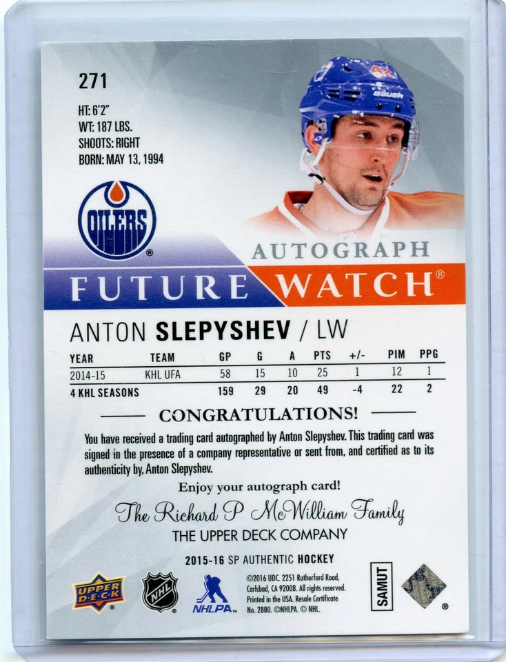  2015-16 SP Authentic #271 Anton Slepyshev AU RC 864/999 - Image 2 of 2