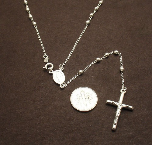 3mm 24" Diamond Cut Ball Bead Rosary Cross Chain Necklace Real Sterling Silver  - Picture 3 of 4