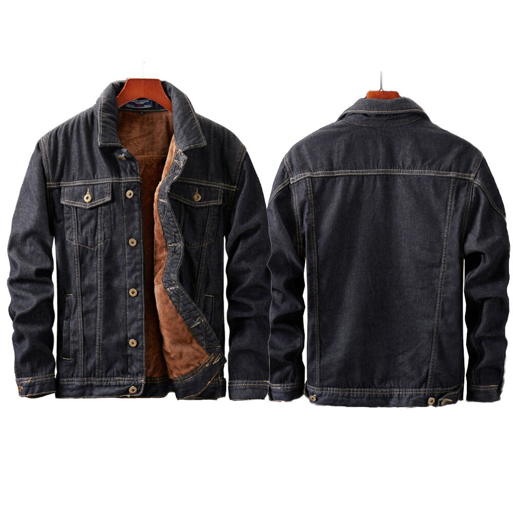 Vintage Denim Jacket Outwear Men Warm Fleece Lined Button Up Trucker Overcoats ^-image