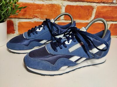 HERREN REEBOK CLASSIC UK 5 US 6 MARINEBLAU WEISS VELOURSLEDER NYLON LAUFSCHUHE SNEAKER