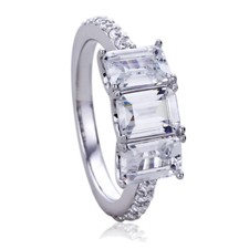 Women Silver Rhodium Plated Emerald Cut CZ 3Stone Wedding Anniversary Ring