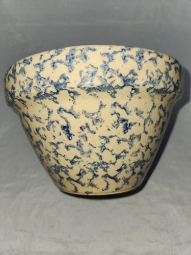 Vintage RRP Co Roseville Ohio Pottery 8" Blue & Tan Spongeware Bowl USA 