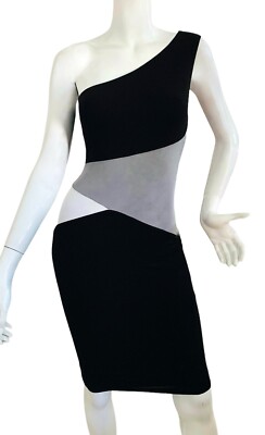 {GUESS} Dress Sheath ~S Black/Gray/White One Shoulder Jersey Knit Stretch Lined