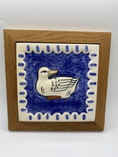 Decorative Wall Art Ceramic Tile White Duck In Blue Wood Framed