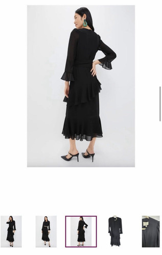 Tuckernuck Black Chiffon Sheer Midi Dress Crew Neck Bell Sleeve Ruffle Tie M