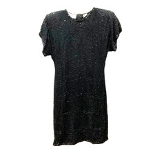 M Vtg 80s 90s Black 100 Silk Beaded Sequin Dress Lawrence Kazar NY Medium short