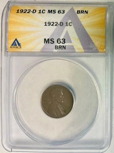 1922-D Lincoln Cent (Wheat Penny), ANACS MS-63 BN, Scarce Date!