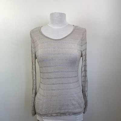 Peruvian Connection Sweater Pima Cotton Knit M L Beige Pullover Top Metallic