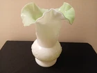 Lovely VTG Kanawha Cased limeGreen Milk glass Ruffled Vase Grape Pattern 8"T 6"W