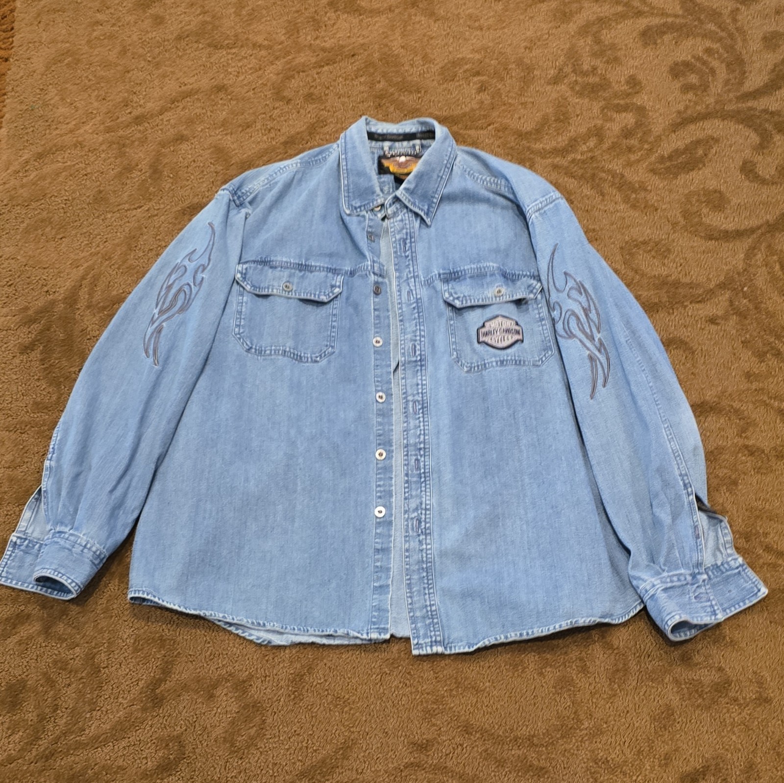 Harley-Davidson Embroidered Long Sleeve Denim Button Up Collared Shirt XL