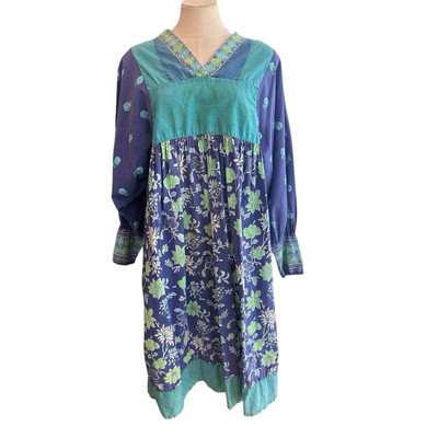 Vintage 80s Peasant Dress Blue Floral Handscreened Neiman Marcus Women's L P