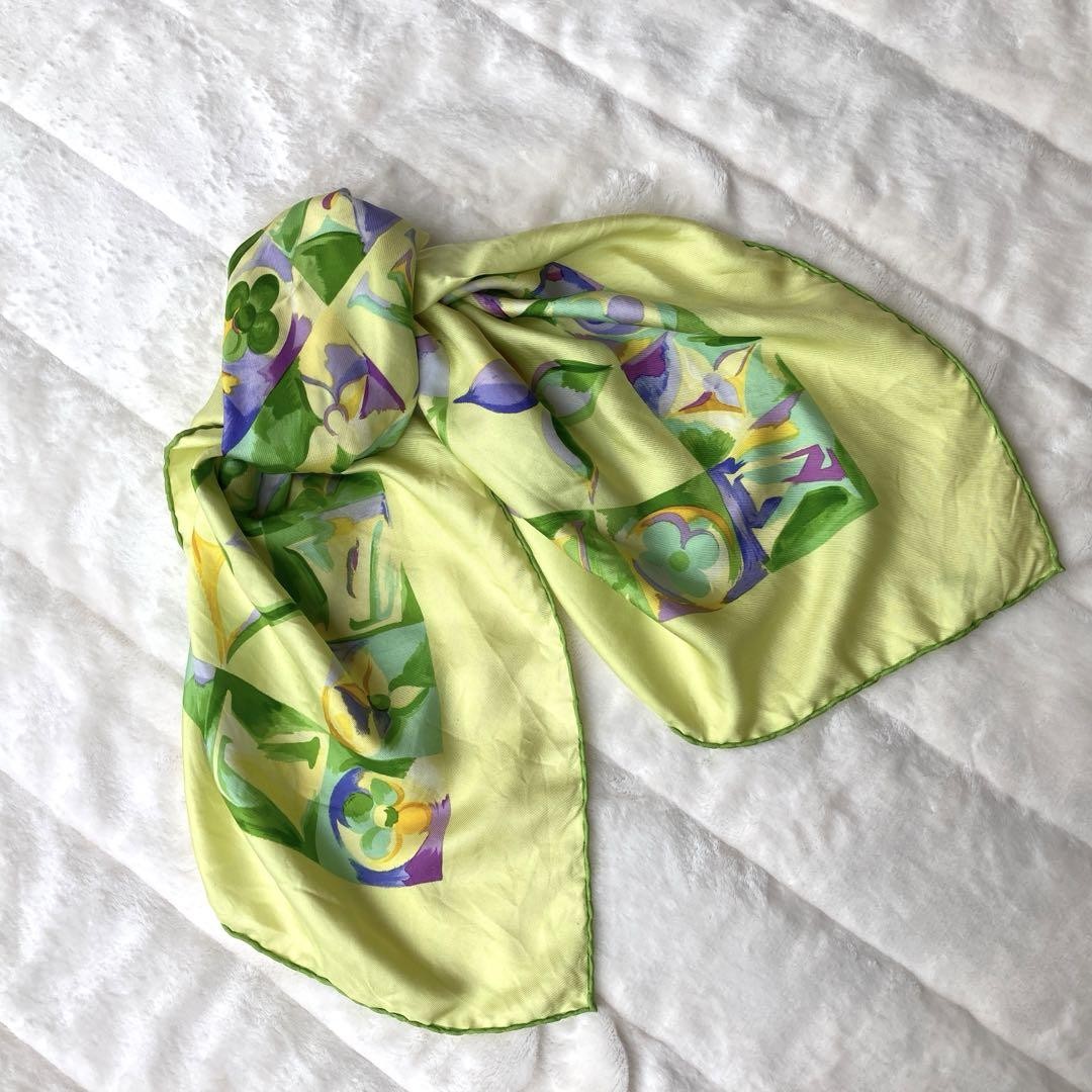 LOUIS VUITTON Louis Vuitton Flower Rare Silk Scarf Yellow Green image 9