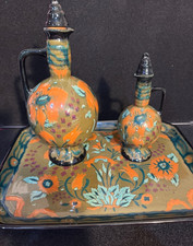 Rare Antique PZH Gouda PERZIA High Gloss 3-Pc Decanter & Tray Set Holland