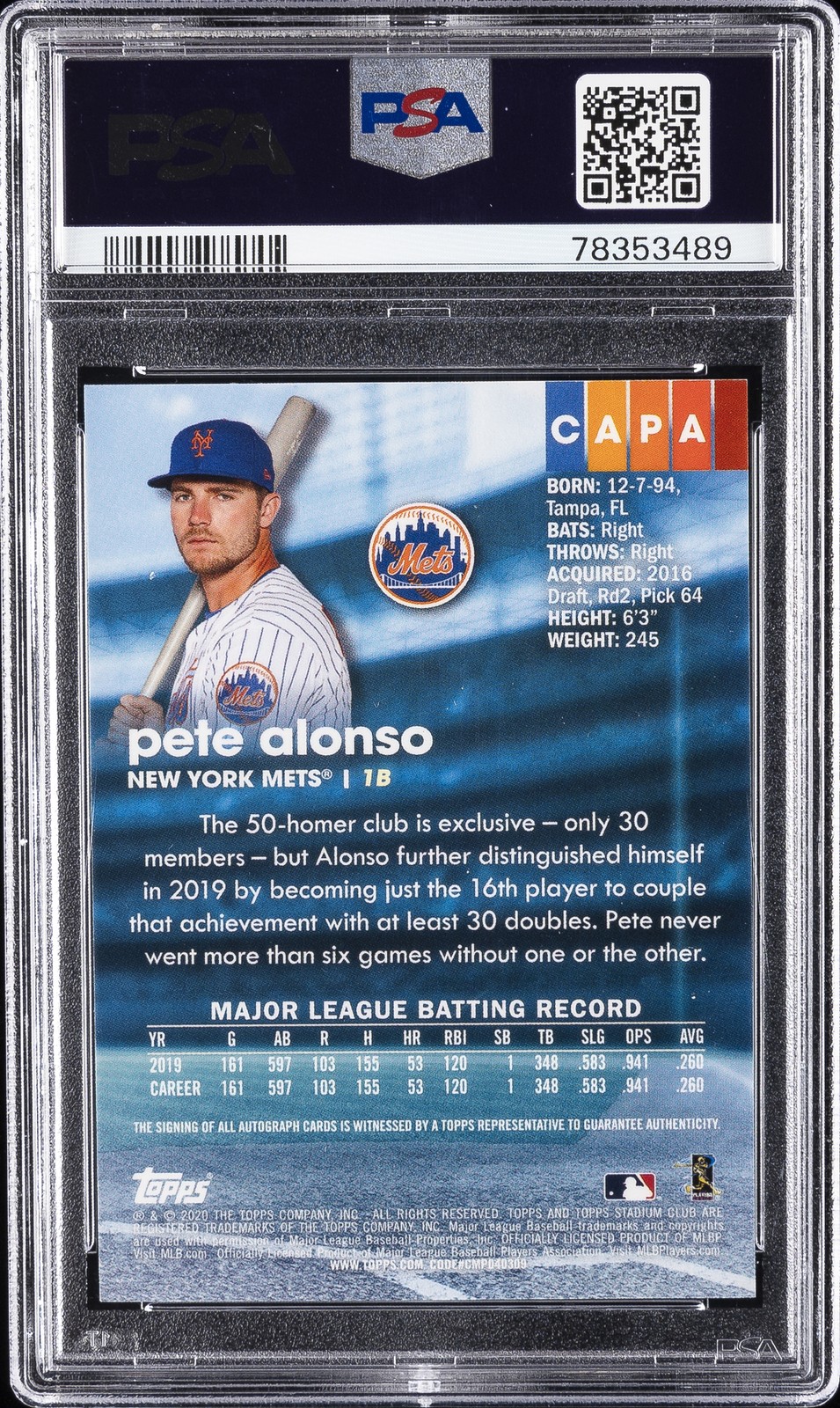 2020 STADIUM CLUB CHROME AUTOS #CAPA PETE ALONSO PSA 10 AUTO 10 view 2