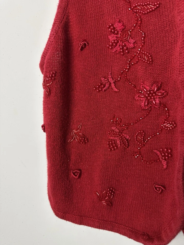 De Colección Suéter Chaleco Rojo Floral Bordado Botones Cuentas Años 80 90 Abuela Cabaña PM Foto 3 de 4