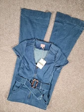 Show Me Your Mumu Denim Jumpsuit Womens Size XS Flare Western Belt Festival NWT