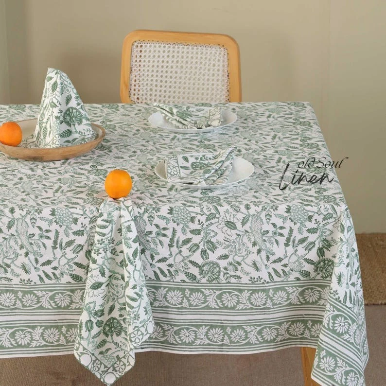 Floral Boho Block Printed Cotton Tablecloth Kitchen Dining Room Table Cover - Image 3 of 4